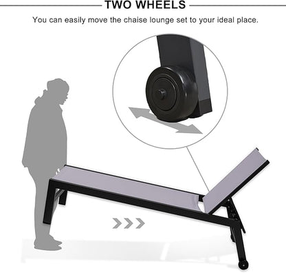 PURPLE LEAF Patio Chaise Lounge Set 2 Pieces Textilene Pool Lounge Chairs with Wheels Sunbathing Chair with 5 Adjustable Position for Outdoor Yard (2 Light Grey Lounges W/Side Table)