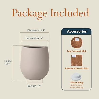 KUTE NEST 12.5" H x 11.4" D Premium Corso Fiberstone Round Tapered Planter with Drainage Hole, Weather Resistant for Indoor and Outdoor Use, Included 2 Extra Coco Mats (Taupe, 9" Pot Opening)