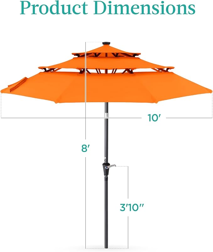 Best Choice Products 10ft 3-Tier Solar Patio Umbrella, Outdoor Market Sun Shade for Backyard, Deck, Poolside w/ 24 LED Lights, Tilt Adjustment, Easy Crank, 8 Ribs - Orange