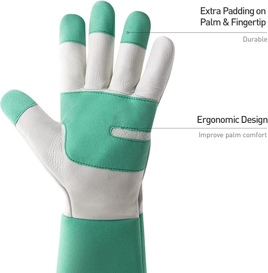 HANDLANDY Long Gardening Gloves for Men & Women, Thorn Proof Rose Pruning Gloves Leather Gauntlets Garden Glove Yard Work Glove (Large, Green)