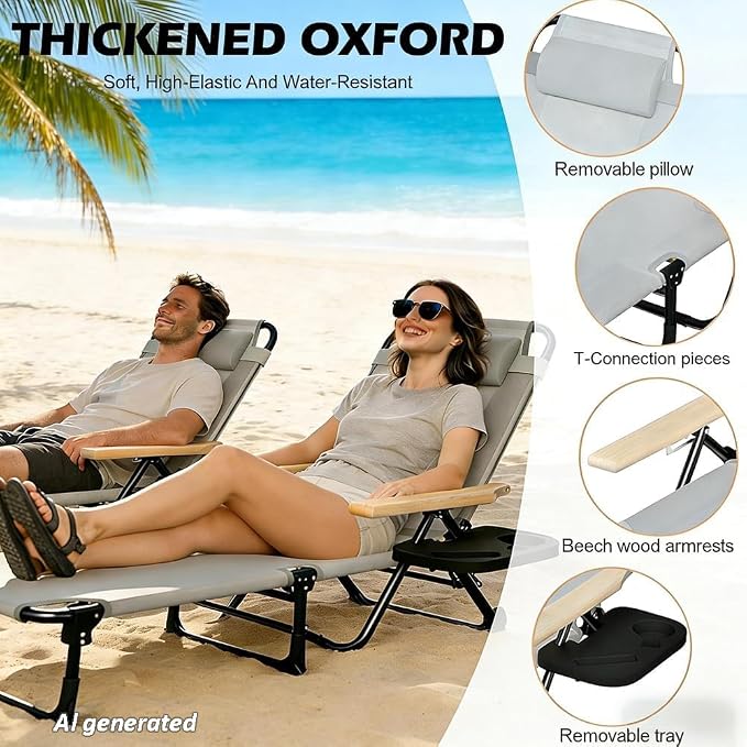 Folding Chaise Lounge Chair Outdoor, Folding Sun Lounger with 4-Position Reclining Back, Foldable Tanning Chair with Adjustable Headrest, Beach Lounge Chair for Poolside Backyard Camping (Gray)