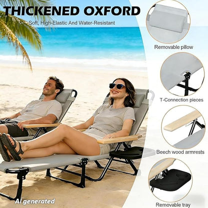 Folding Chaise Lounge Chair Outdoor, Folding Sun Lounger with 4-Position Reclining Back, Foldable Tanning Chair with Adjustable Headrest, Beach Lounge Chair for Poolside Backyard Camping (Gray)