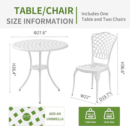 3 Piece Outdoor Bistro Set, Cast Aluminum Outdoor Bistro Table and Chairs Set of 2, Rust-Resistant Patio Furniture Set, White Bistro Set 3 Piece Outdoor for Garden, Backyard, Balcony
