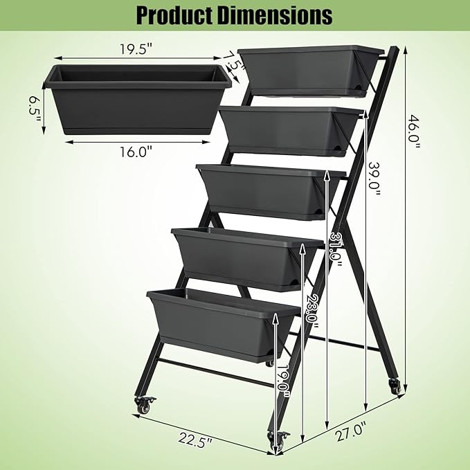 Vertical Garden Bed with Wheels, 5 Tier Raised Garden Bed w/Removable Planter Boxes, Lockable Wheels, Drainage Holes, Rolling Vertical Planter for Herb Vegetable Flower, Outdoor Patio Balcony