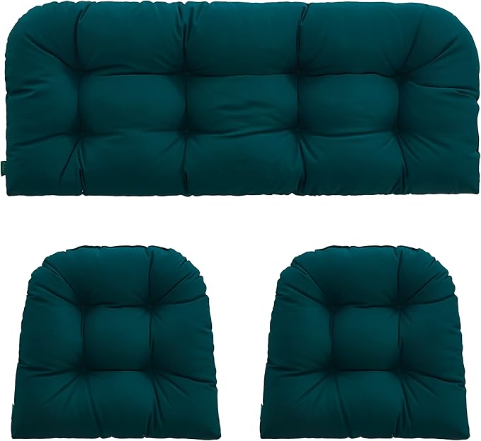 Outdoor/Indoor All Weather Tufted Wicker Chair Cushions of 3 Pieces, 1 Loveseat and 2 U-Shape Waterproof Cushions for Patio Furniture,Wicker Loveseat,Bench-Dark Green