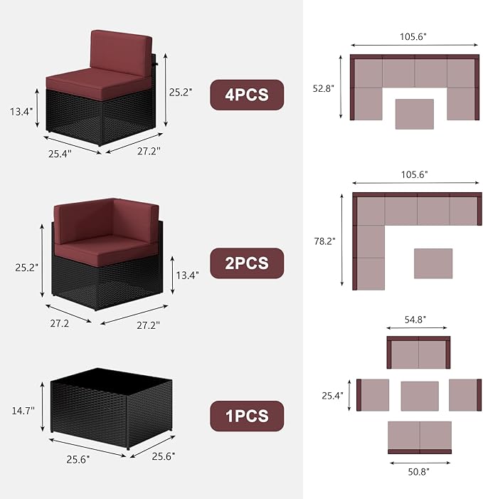 Kinsuite 7Pcs Patio Conversation Set - Wicker Backyard Furniture Outdoor Furniture with Cushions, All-Weather Couch Set with Coffee Table for Garden, Lawn, Deck, Red