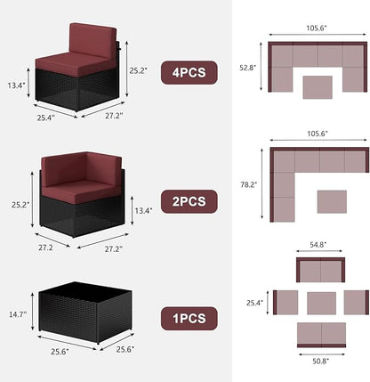 Kinsuite 7Pcs Patio Conversation Set - Wicker Backyard Furniture Outdoor Furniture with Cushions, All-Weather Couch Set with Coffee Table for Garden, Lawn, Deck, Red