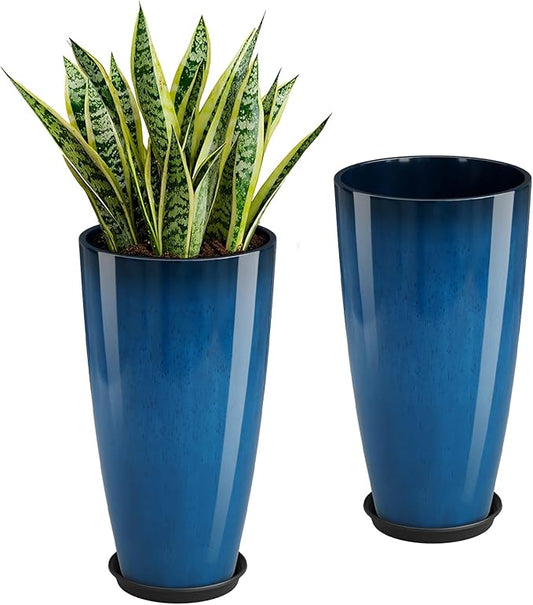 QCQHDU 21 inch Tall Planters for Outdoor & Indoor Plants, Set of 2 Large Outdoor Planters with Drainage Hole for Front Porch, Patio, Garden, Home Decor, Blue