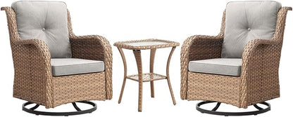 HUMMUH 3-Piece Swivel Rocking Rattan Chair Outdoor, Patio Bistro Furniture Conversation Set, Cushioned Wicker Chair with Glass Coffee Table(Yellow,Beige)