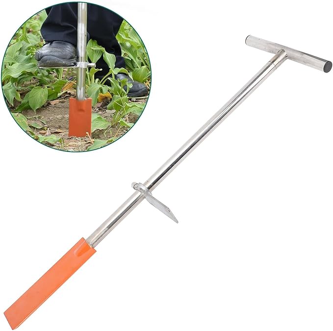 Tyenaza Spade Shovel, Dibble Bar Planting Tool with Foot Pedal Stainless Steel T Handle Spade Shovel for Digging Transplanting Gardening