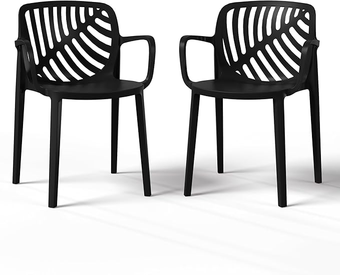 Costaelm 4 Person Dining Table Set, HDPE Patio Round Dining Table and Stackable Chair, Kitchen & Dining Room Sets All Weather for Backyard Porch Poolside, Black