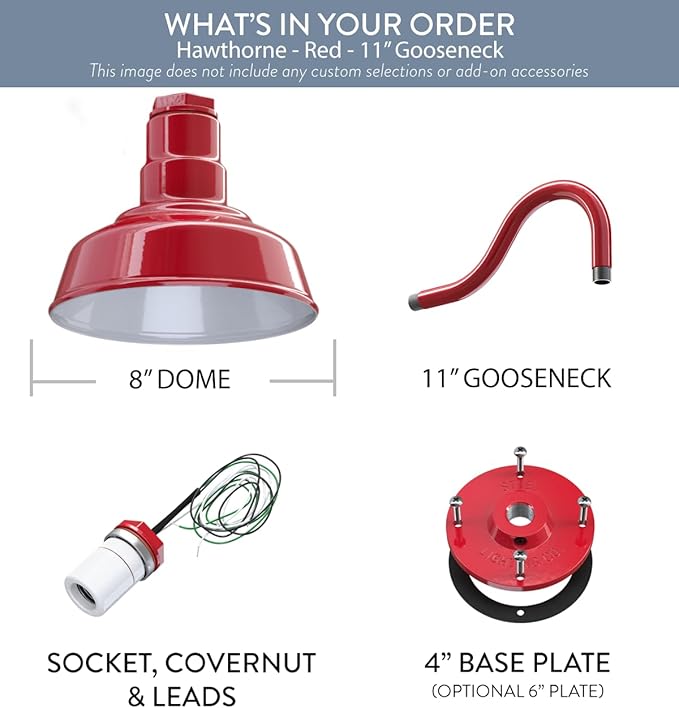 Steel Lighting Co. | Dusk to Dawn | Hawthorne Barn Light | Outdoor Wall Mounted | 8 in Dome | 11 inch Gooseneck| Small Farmhouse Light Made in America | Red Exterior/White Interior
