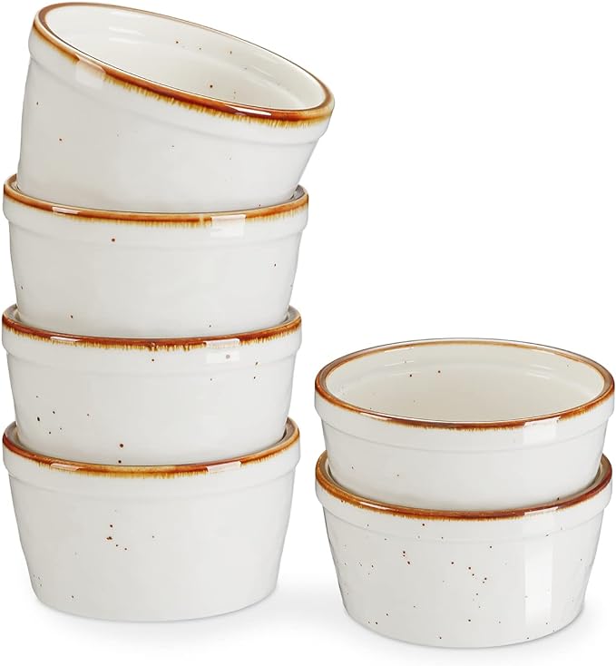 ONEMORE 8 oz Ramekins Oven Safe, Ceramic Small Ramekins with Brown Rim for Baking, Speckled Cute Ramekin Set for Creme Brulee, Sauces, Desserts & Ice Cream, Individual Custard/Pudding Cups Set of 6