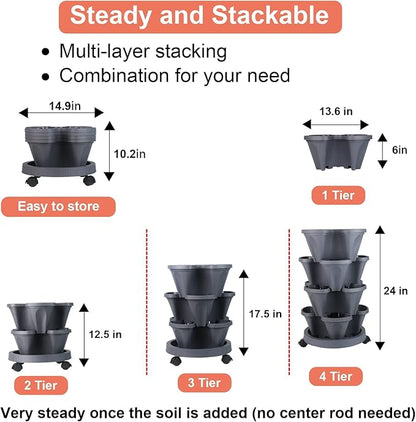 GameXcel Vertical Planter Tower- 4 Tier Stackable Garden Planter with Wheels and Tool Set – Grow Strawberries Herbs Flowers and Vegetables - Indoor Outdoor Use Dark Gray