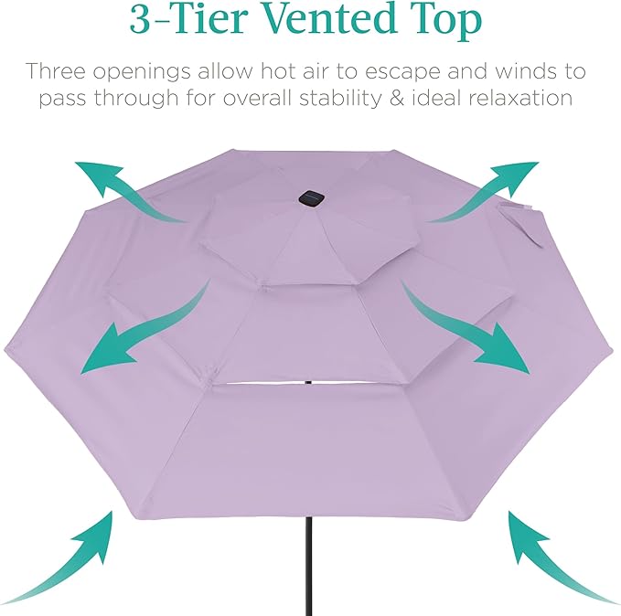 Best Choice Products 10ft 3-Tier Solar Patio Umbrella, Outdoor Market Sun Shade for Backyard, Deck, Poolside w/ 24 LED Lights, Tilt Adjustment, Easy Crank, 8 Ribs - Lavender