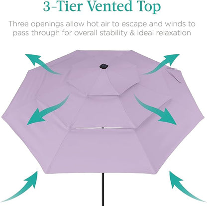 Best Choice Products 10ft 3-Tier Solar Patio Umbrella, Outdoor Market Sun Shade for Backyard, Deck, Poolside w/ 24 LED Lights, Tilt Adjustment, Easy Crank, 8 Ribs - Lavender