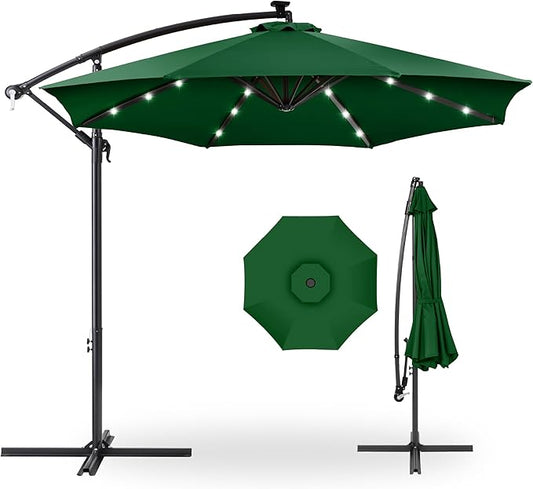 Best Choice Products 10ft Solar LED Offset Hanging Market Patio Umbrella for Backyard, Poolside, Lawn and Garden w/Easy Tilt Adjustment, Polyester Shade, 8 Ribs - Green