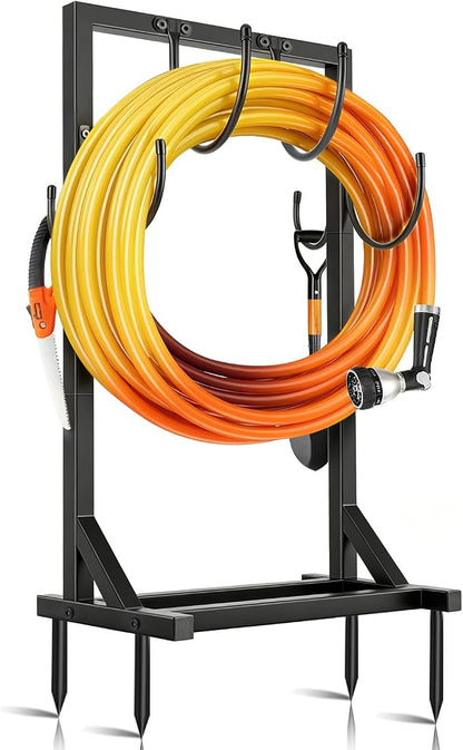 Garden Hose Holder Stand, BOLITE Heavy Duty Metal Hose Hanger, Holds 150ft | Freestanding & Detachable Water Hose Holder for Outside, 4 Spikes & 2 Tool Hooks, Storage Rack for Outside Yard Lawn Farm