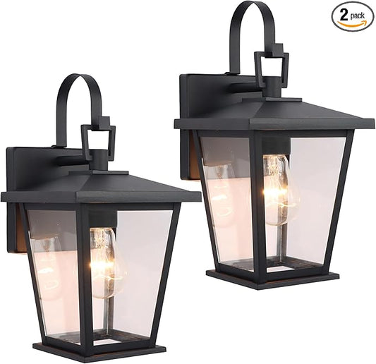Kalium Outdoor Wall Lantern 2 Pack, Waterproof Exterior Wall Mount Light with Clear Glass in Black Finish, Porch Outside Lighting for Entryway, Backyard, Patio, E26 Base, Clear Glass 12.5 in