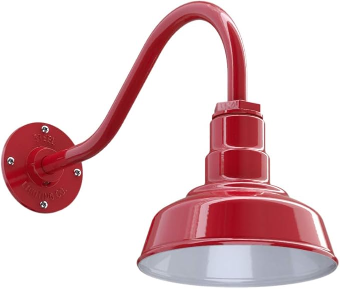 Steel Lighting Co. | Dusk to Dawn | Hawthorne Barn Light | Outdoor Wall Mounted | 8 in Dome | 16 inch Gooseneck| Small Farmhouse Light Made in America | Red Exterior/White Interior
