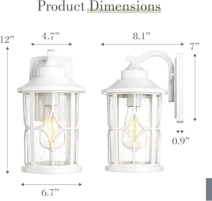 zeyu 2 Pack Outdoor Wall Sconce Lights, Modern Farmhouse Outdoor Porch Lights for House, Die-Cast Aluminum in White Finish, Seeded Glass Shade, ZX48B-2PK WH
