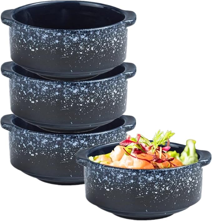 Ceramic Soup Bowls with Handles, Set of 4, 10oz, Microwave & Oven Safe, Soup Crocks for French Onion Soup, Chili, Pasta (Sea of Fog, 5 Inch)