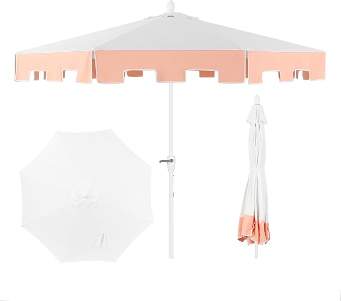 JONATHAN Y UMB1000C Baiona 9 ft. Classic MidCentury Market Patio Umbrella with UV Protection, Auto-Tilt, Crank and Wind Vent in White/Coral Pink