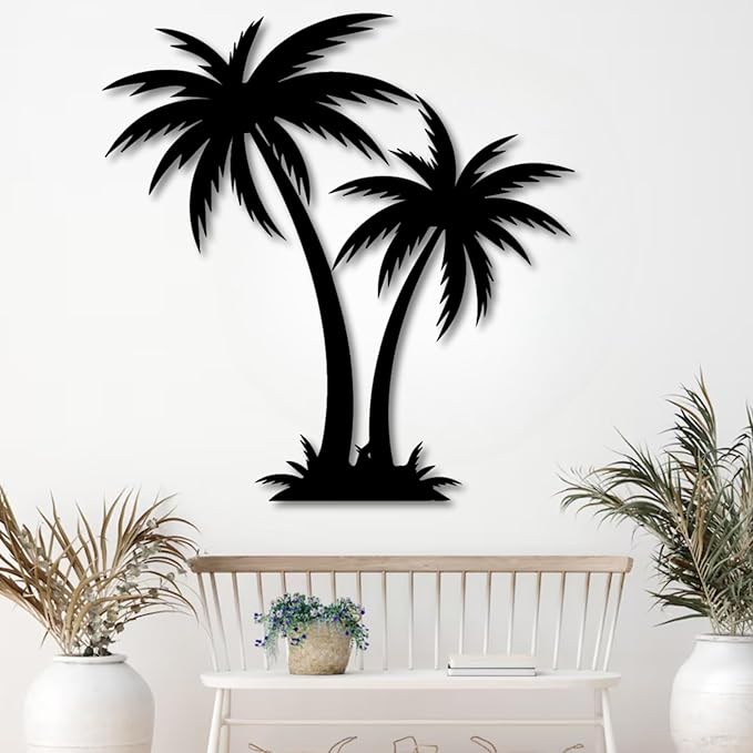 Metal Palm Tree Wall Decor,Large Tropical Palm Tree Outdoor Wall Art for Living Room,Outdoor Wall Decorations for House(80×78 cm/31"×31" in, Black)