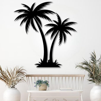 Metal Palm Tree Wall Decor,Large Tropical Palm Tree Outdoor Wall Art for Living Room,Outdoor Wall Decorations for House (70×68 cm/28"×27" in, White)