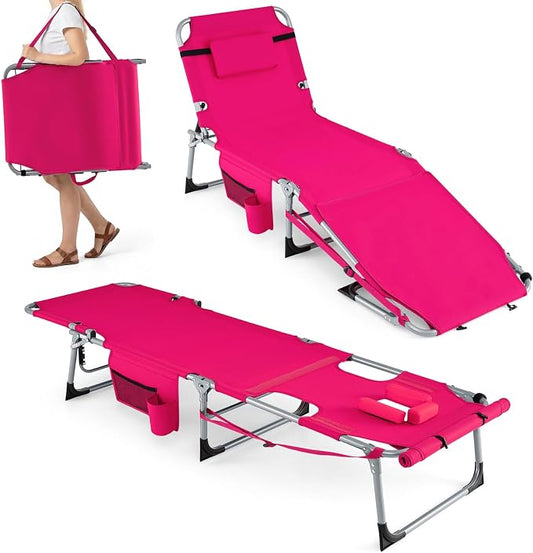 GYMAX Tanning Chair, 3 in 1 Sun Bathing Lounge Chairs with Face/Arm Holes & Side Pocket, Portable Lightweight Face Down Layout Tanning Chair for Outside, Beach, Backyard, Poolside (1, Pink)