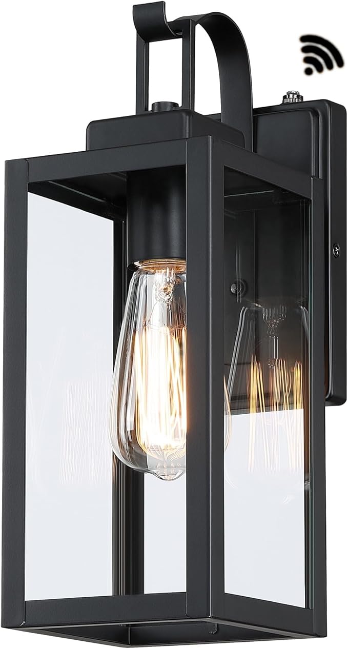 WISBEAM 13.7in Black Outdoor Wall Lantern, Dusk to Dawn Outdoor Wall Sconce, E26 Base 60W Max, Metal Housing Plus Glass, ETL Qualified, Bulbs not Included