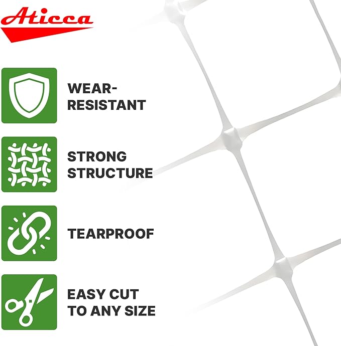 ATICCA Plastic Trellis Netting 79" x 328 ft Heavy Duty Plant Support Netting White - 6 Inch Garden Trellis on Roll - Mesh for Growing Vine Climbing Plants, Flowers, Peas, and Cucumber