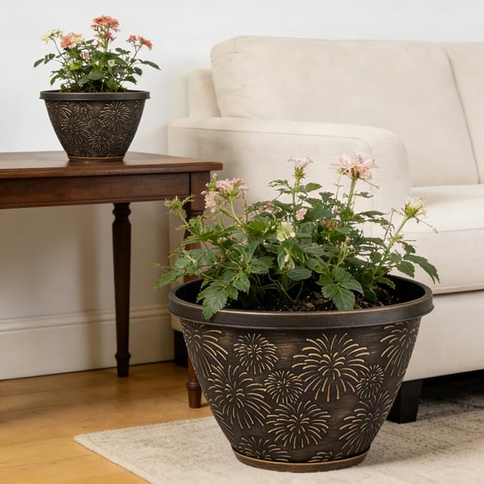 Nooulap 6 Pack 8 inch Plant Pots, Retro Firework Embossed Flower Pots with Drainage Holes and Saucer, Durable Plastic Plant Pots for Indoor Outdoor Gardening and Home Decoration