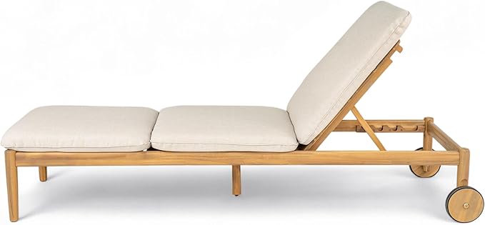 Christopher Knight Home Riviera Acacia Wood Chaise Lounge Chair Outdoor Set of 2, Wooden Patio Outdoor Chaise Lounge with Wheels and Cushions, Adjustable Backrest Single Lounge Sofa, Light Teak+Beige