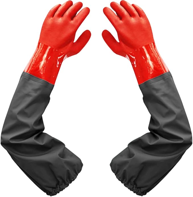 Haiou Long Arm Waterproof Gloves - Red Rubber Gloves for Men and Women (25 inches, Large, Red)