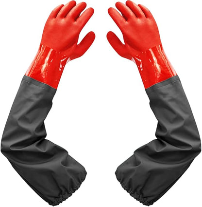 Haiou Long Arm Waterproof Gloves - Red Rubber Gloves for Men and Women (25 inches, Large, Red)