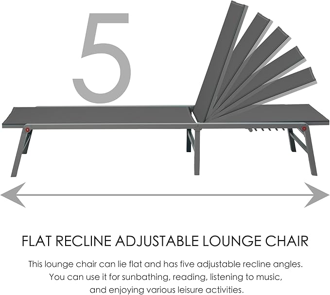 Kozyard Lounge Chair Outdoor Foldable Lounge Chair with 5 Adjustable Backrest Patio Lounger, Assemble-Free, Recliner and Full Flat Chairs for Patio Beach Pool (Gray Textilence W/O Table)