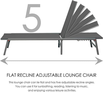 Kozyard 3 Packs Lounge Chair Outdoor Set, Foldable Outdoor Lounge Chair with 5 Adjustable Backrest Patio Lounger, Recliner and Full Flat Chairs for Patio, Beach, Pool (2 Gray Textilence W/Table)