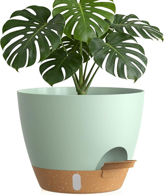 Plant Pots, 1 Pack 12 Inch Self Watering Pots with Drainage Holes, Water Level Indicator Deep Reservoir, Large Planters for Indoor Outdoor Plants - Green Brown