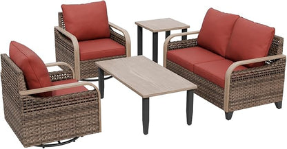 COOS BAY Modern Wicker Outdoor Furniture Set, Patio Conversation Set with Swivel Rockers, 2 Seat Loveseat, Coffee Table and Side Table, 5 Piece, Brown/Red