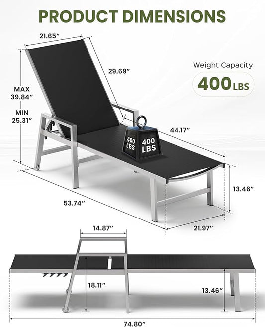 Vexwalx Patio Chaise Lounge Chair Outdoor with Wheels&Armrests, Aluminum Pool Lounge Chairs 5-Position Adjustable Recliner, Outdoor Beach Lounge Chairs for Poolside, Patio, Deck, Yard, Black