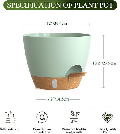Plant Pots, 1 Pack 12 Inch Self Watering Pots with Drainage Holes, Water Level Indicator Deep Reservoir, Large Planters for Indoor Outdoor Plants - Green Brown