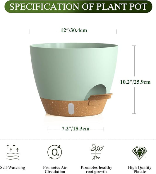 Plant Pots, 1 Pack 12 Inch Self Watering Pots with Drainage Holes, Water Level Indicator Deep Reservoir, Large Planters for Indoor Outdoor Plants - Green Brown