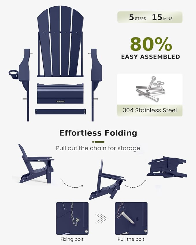 MUCHENGHY Folding Adirondack Chairs, Patio Chairs, Lawn Chairs, Outdoor Chair, Adirondack Chair Plastic, Fire Pit, Weather Resistant with Cup Holder for Deck, Backyard, Garden(Dark Navy Blue)