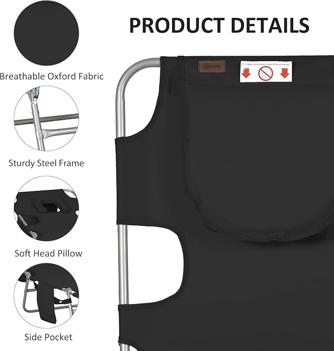Outsunny Chaise Lounge Chair Outdoor with Face Arm Hole, 5-Position Reclining Face Down Tanning Chair with Carry Strap, Side Pocket, Portable Folding Bed Cot for Patio Beach Pool, Black