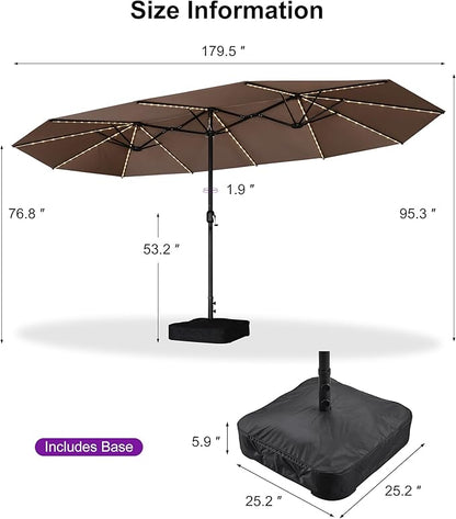 PURPLE LEAF 15ft Patio Market Umbrella with Solar LED and Base Double-Sided Rectangle Outdoor Table Sun Umbrellas with Crank for Pool Beach Deck Backyard Taupe