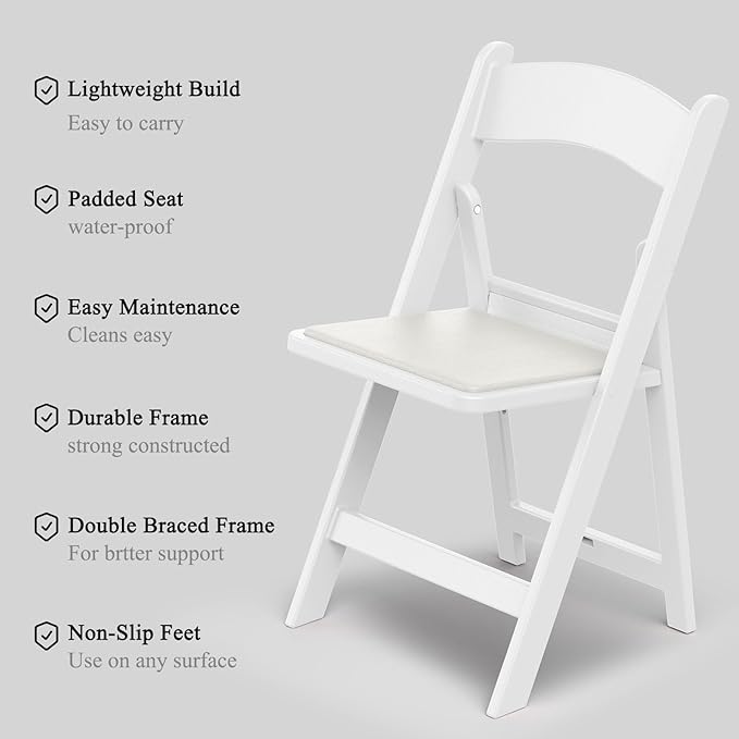 Nazhura Garden and Patio Folding Chair Set of 4 for Events and Wedding, Lightweight with Padded Seat, Water-Proof, Double Braced Frame, Non-Slip Feet, 900LB Capacity (White)