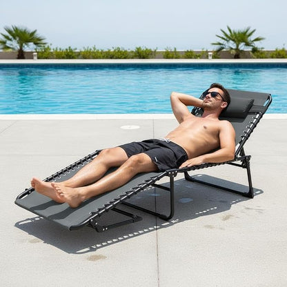 Folding Outdoor Chaise Lounge Chair, 5-Position Adjustable Sun Tanning Chair with Removable Pillow, Side Pocket & Carry Handle for Beach, Garden & Pool