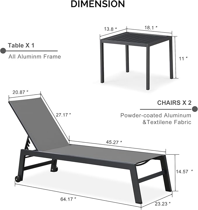 PURPLE LEAF Outdoor Chaise Lounge with Wheels for Outside 2 Pieces Aluminum Patio Lounge Chair with 5 Adjustable Position Sunbathing for Patio, Beach, Yard, Pool, Side Table Included, Grey