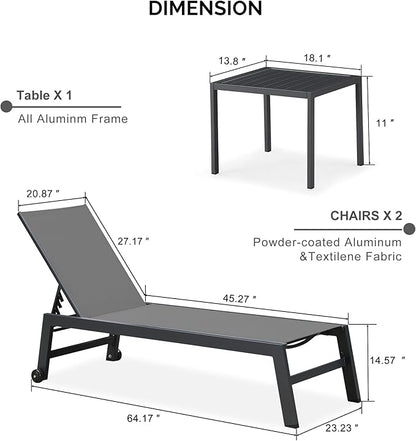 PURPLE LEAF Outdoor Chaise Lounge with Wheels for Outside 2 Pieces Aluminum Patio Lounge Chair with 5 Adjustable Position Sunbathing for Patio, Beach, Yard, Pool, Side Table Included, Grey